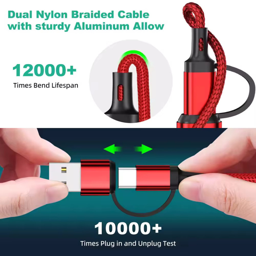 5-in-1 PD USB Schnellladekabel Multi-Port Datenkabel für iPhone, Android, Xiaomi, Micro USB und Typ-C in Silber und Rot - Bild 3
