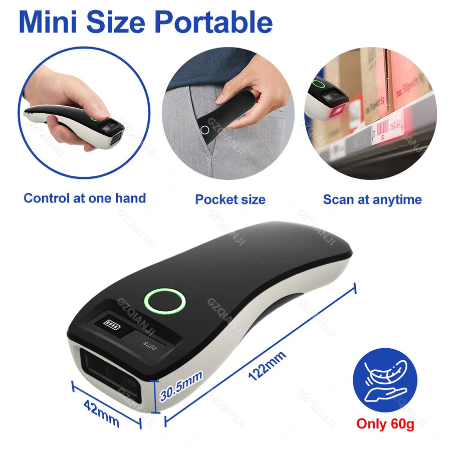 GZQIANJI Mobiler Mini-Bluetooth-Barcode-Scanner, 2,4 G kabelloses 2D-QR-1D-PDF417-Lesegerät mit LCD-Bildschirm, Schwarz - Bild 4