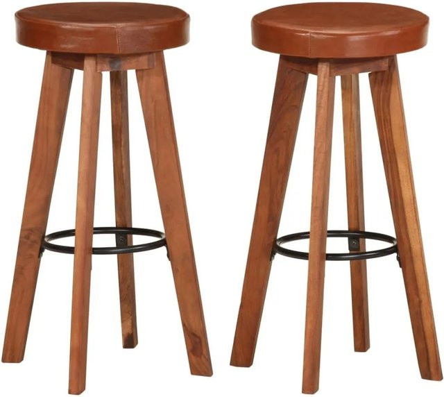 DELUKE Barhocker FENI 2er Set aus Echtleder und Massivholz Akazie in Dunkelbraun - Bild 1