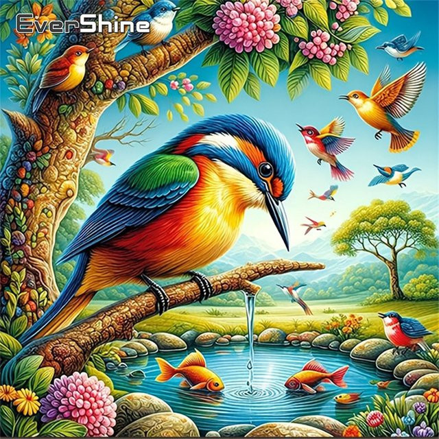 Evershine Diamant Stickerei Set Vogel und Blumen Wandkunst in Multicolour, Durchmesser: 20 cm - Bild 1