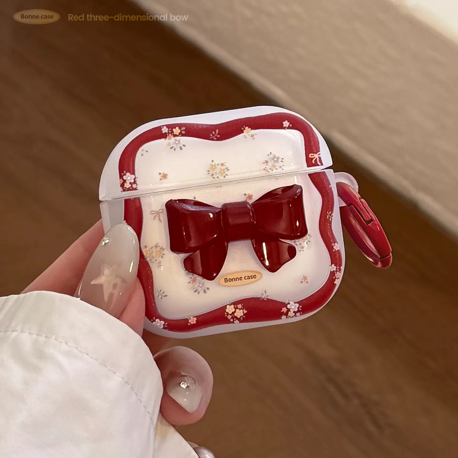 Schutzhülle für Apple AirPods und AirPods Pro mit 3D Cartoon Rote Schleife und Floral Welle Design in Rot inklusive Haken - Bild 2