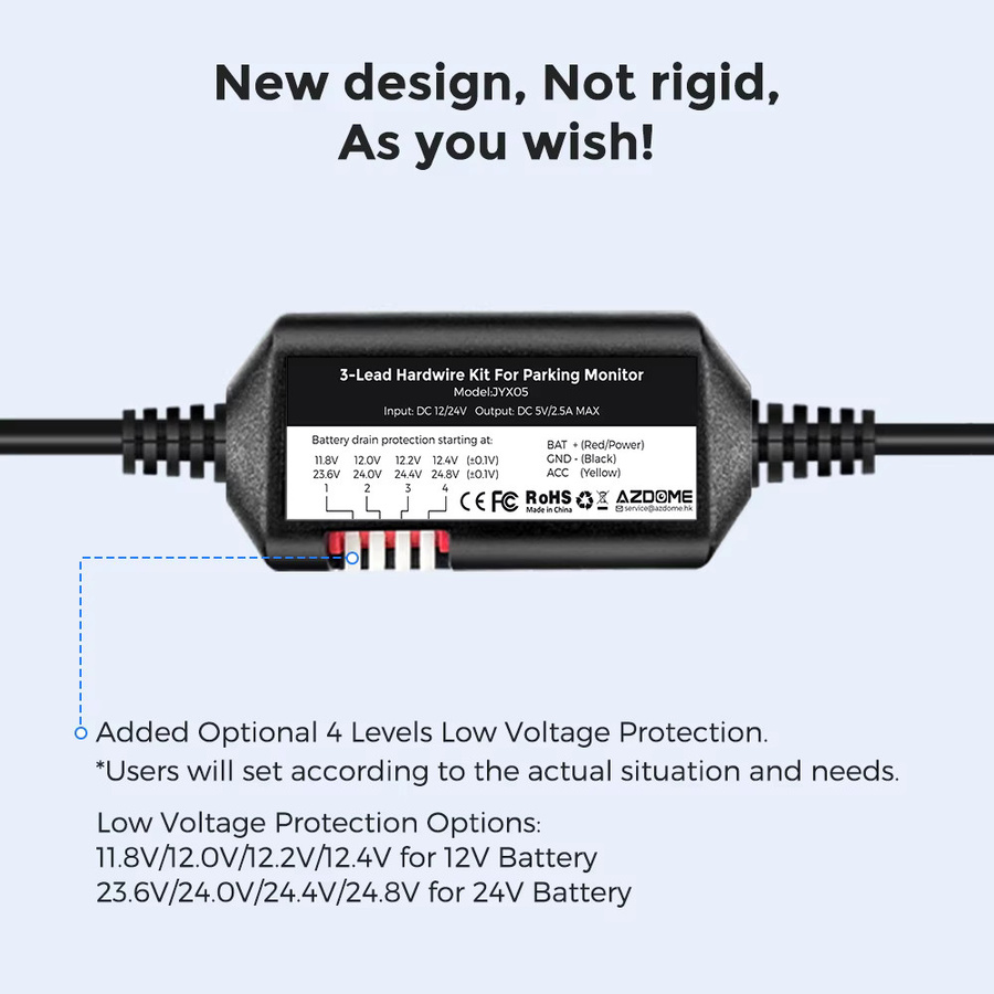 AZDOME JYX05 Dashcam Hardwire-Kit mit USB-C Anschluss und Niederspannungsschutz, Schwarz - Bild 2