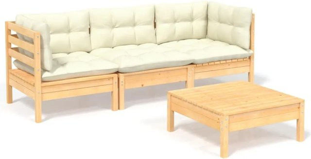 vidaXL 4-tlg Garten-Lounge-Set aus Kiefernholz mit cremefarbenen Kissen in L-Form - Bild 1