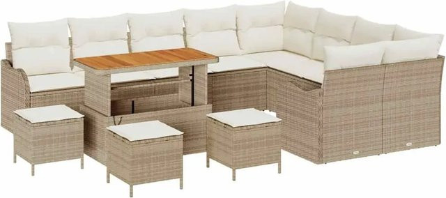 vidaXL Garten-Sofa-Set 13-teilig in Beige aus Poly-Rattan und Akazienholz mit Polstern und Tisch - Bild 1