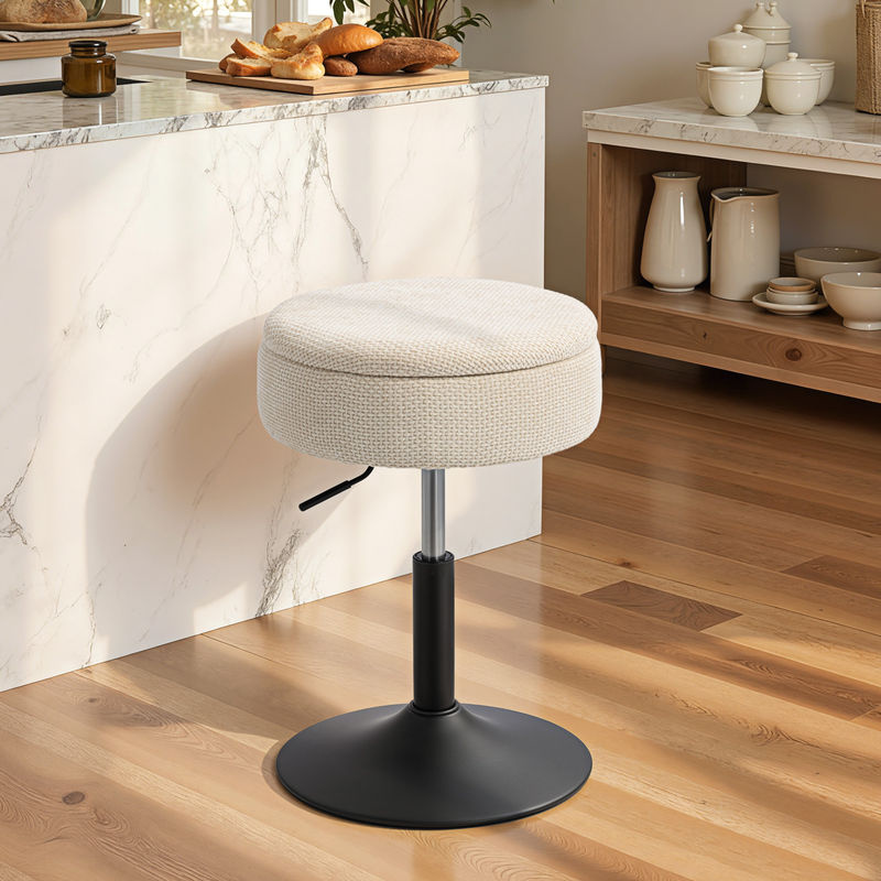 HOMCOM Barhocker mit Stauraum in Beige, höhenverstellbarer Küchenhocker mit Chenillebezug und Stahlbasis, drehbar und gepolstert mit Knopfdesign - Bild 2