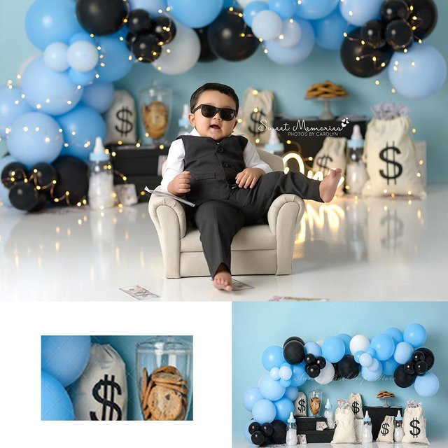 Auroliy Boss Baby Fotohintergrund mit Ballonbogen in Blau für Kinder und Erwachsene zur Geburtstagsdekoration - Bild 1