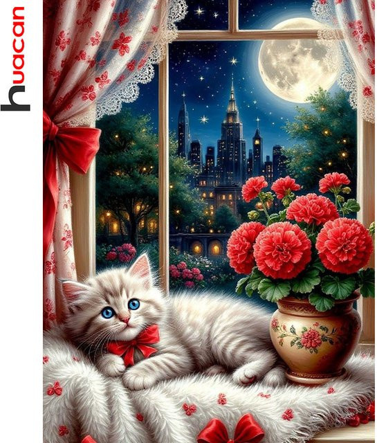 Huacan Diamant-Malerei Motiv Katze Blume und Landschaft als Mosaik-Dekoration in Mehrfarbig für Erwachsene - Bild 1