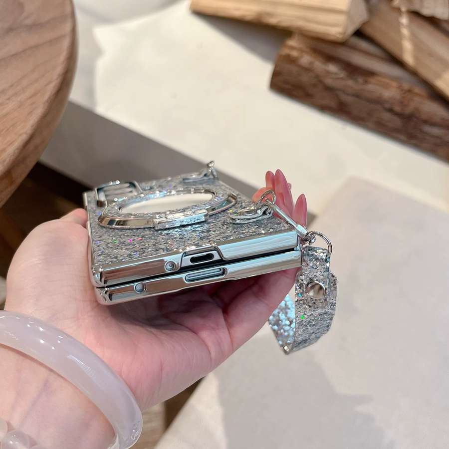 Silberne Glänzende Puder-Kompaktspiegel Handyhülle mit Magnet und Trageriemen für Samsung Z Fold 7/6/5/4/3 - Bild 4