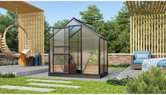 Vitavia Gewächshaus Venus 2500 Schwarz mit Fundament und Regenrinnen aus Aluminium und Polycarbonat für die Pflanzenzucht im Garten - Bild 1