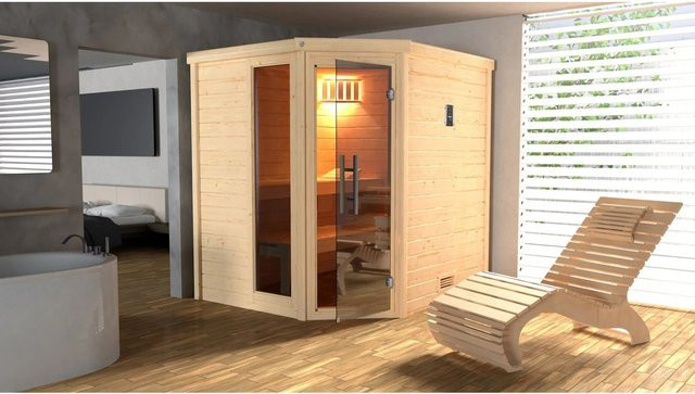 Weka Massivholzsauna Turku 1 in Beige mit Glastür und Fenster sowie 7,5 kW BioS Sparset, B/H/T: 195 x 205 x 178 cm - Bild 1