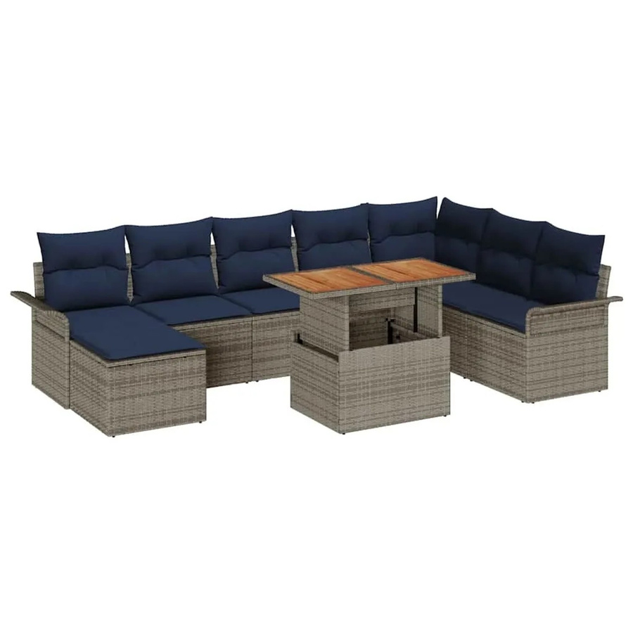 vidaXL Garten-Sofa-Set aus Polyrattan mit 9 Kissen in Grau und Marineblau inklusive Tisch und Stauraumfunktion - Bild 2