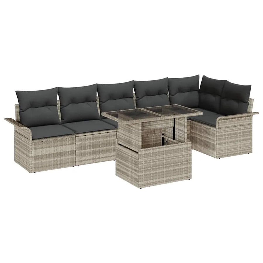 vidaXL 7-teiliges Garten Sofa Set aus Polyrattan in Hellgrau mit Kissen und Couchtisch für Balkon und Garten - Bild 2