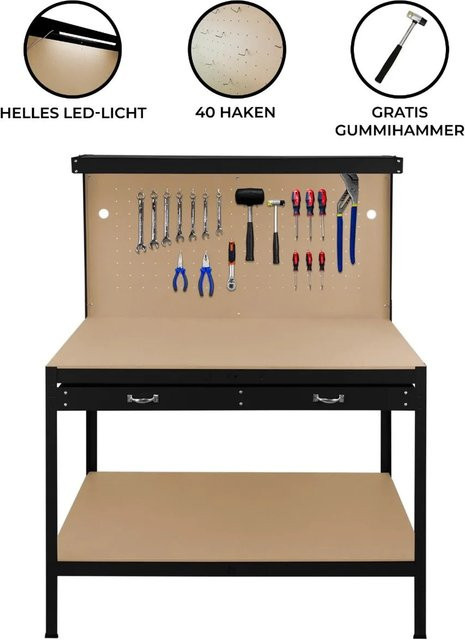 Monstershop Werkbank mit Lochwand, Schublade und Licht in Schwarz, B/T/H: 120 x 60 x 100 cm - Bild 1