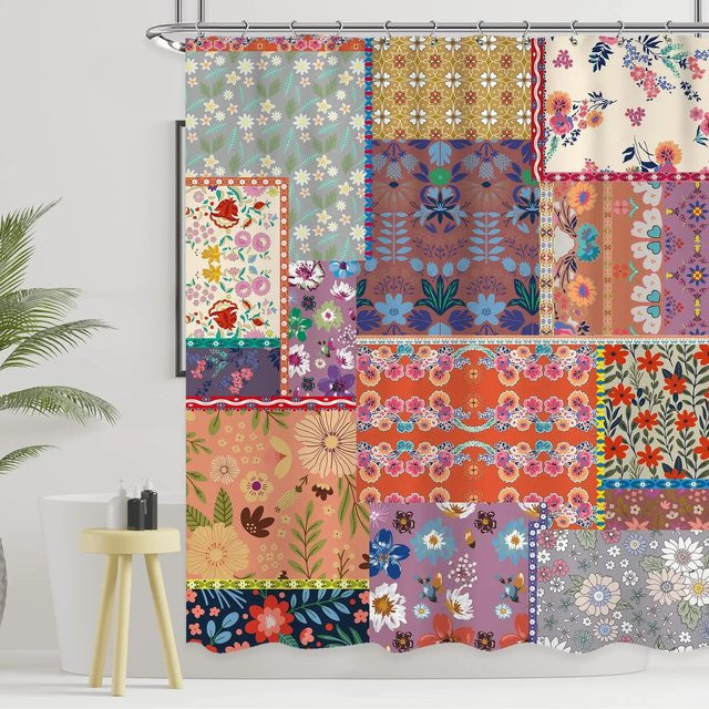 Wasserdichter Duschvorhang mit böhmischem Patchwork-Blumenmuster in Bunt, Breite: 180 cm, Höhe: 210 cm - Bild 1