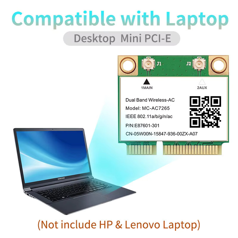 TelDaykemei MC-AC7265 Mini PCI-E WLAN Karte mit Bluetooth 4.2, 1200Mbps, Dualband 2,4GHz und 5GHz, für Laptop, Windows 7 8 10 11, Grün - Bild 3