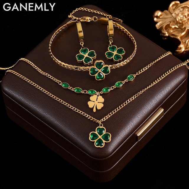 GANEMLY Schmuck-Set, Edelstahl, Grün, Kristall, Damen - Bild 1