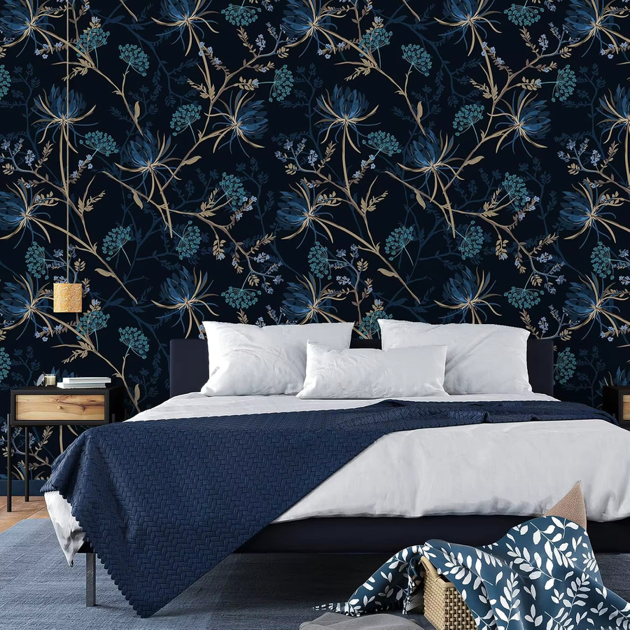 Meihodan Selbstklebende Tapete mit Dunklem Löwenzahn-Blumenmuster in Blau, Vintage Botanik Wandgestaltung zum Abziehen und Aufkleben - Bild 4