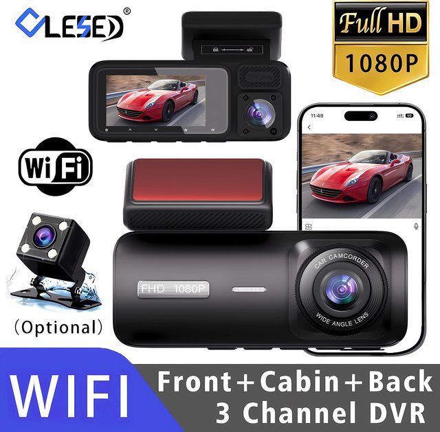 3-Kanal WLAN Dashcam mit Full HD 1080P und OLED-Display, Dreifach-Fahrzeugkamera inklusive Innenraumaufnahme, Schwarz - Bild 1