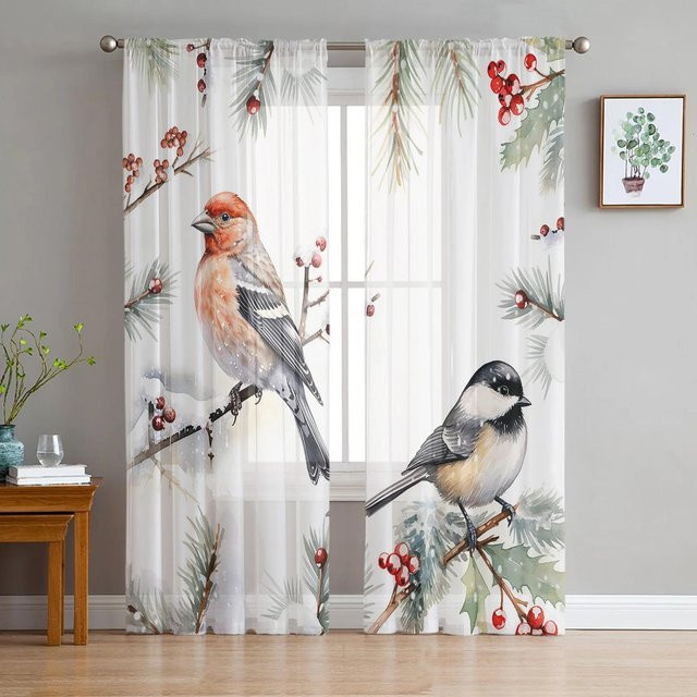 Transparente Tüll-Voile-Vorhänge mit Weihnachts-Rotkehlchen, Beeren und Kiefernnadeln in Weiß, Breite: 135 cm, Höhe: 115 cm - Bild 1