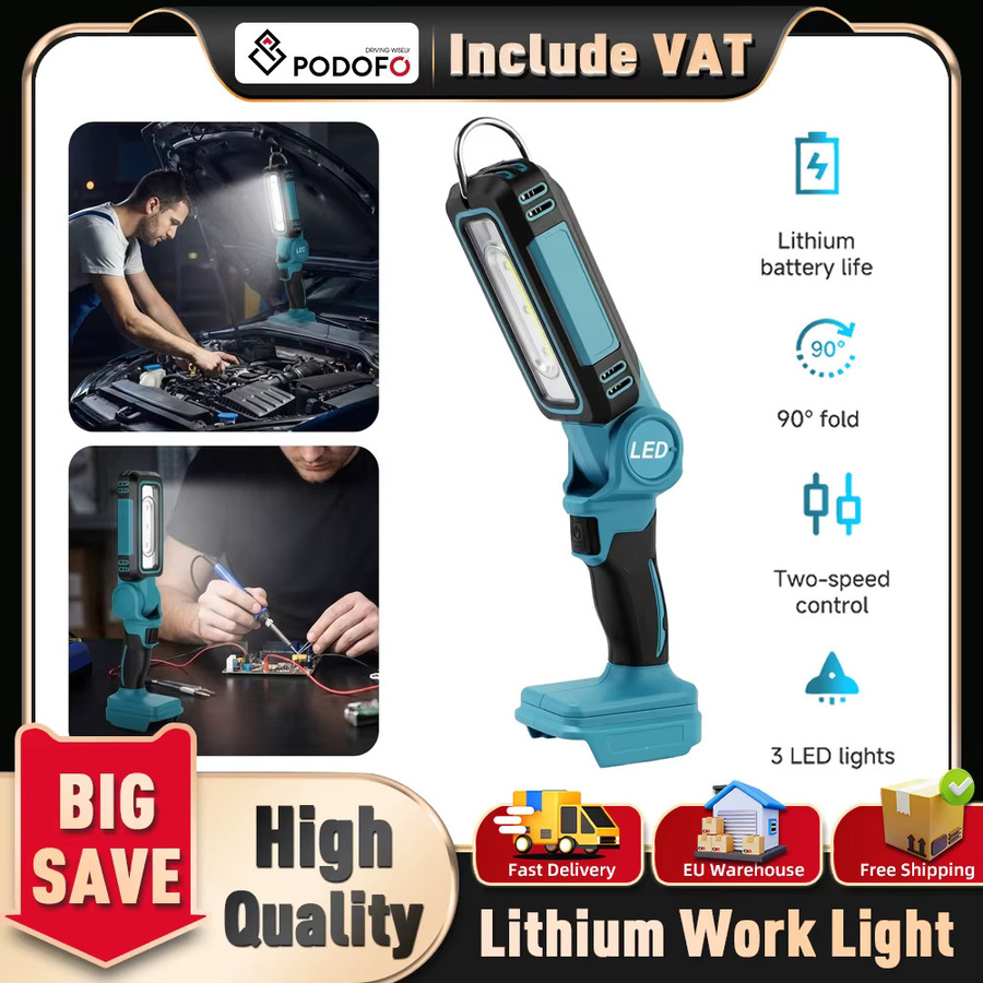 Podofo LED-Arbeitsleuchte mit schwenkbarem Kopf und einstellbarer Helligkeit für Makita-Akkus - Bild 5