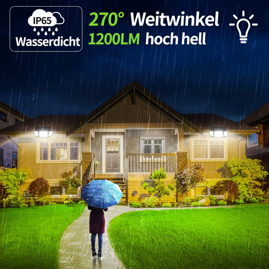 Intelamp Solar-Flutlicht mit Doppel-Bewegungssensor, IP65 wasserdichte LED Außenleuchte für Garten und Garage, 6500K Kaltweiß, 4000mAh Akku - Bild 3