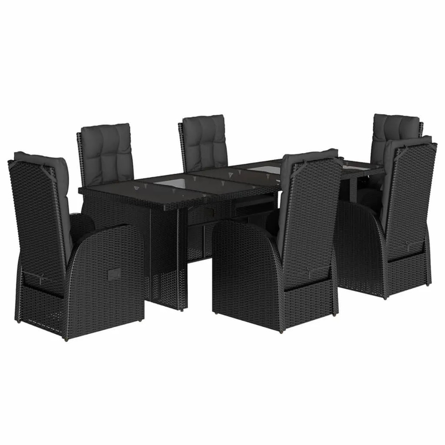 vidaXL 7-tlg Garten-Essgruppe aus schwarzem PE-Rattan mit Kissen und Hartglas-Tisch - Bild 2