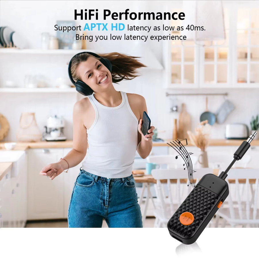 Kebidu Bluetooth 5.4 Audio Sender und Empfänger in Schwarz mit 3,5 mm AUX Anschluss und Mikrofon für Auto, Flugzeug, TV und PC - Bild 3