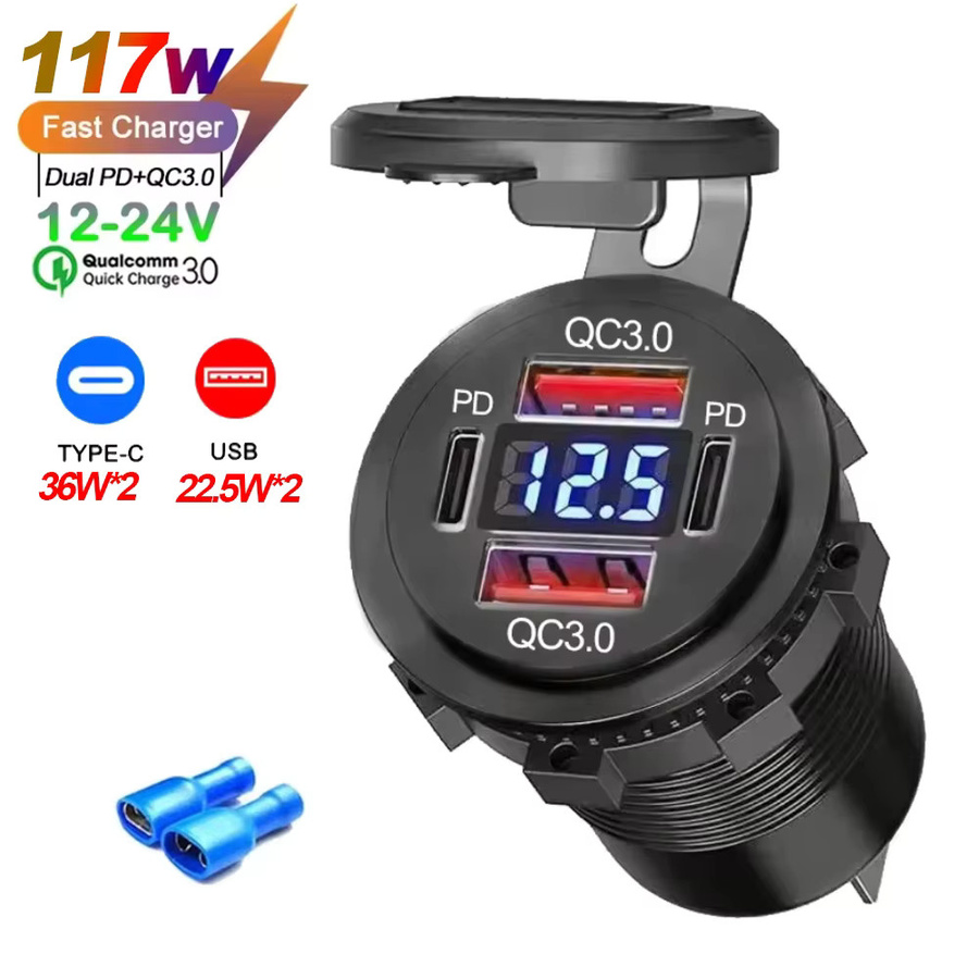 Velev Dual USB Auto Ladegerät mit Dual PD und Dual QC 3.0, 83W Adapter mit Voltmeter und Steckdose, wasserdicht für 12V/24V, Schwarz - Bild 5