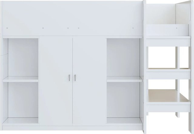Merax Hochbett für Kinder mit Schrank und Regalen, Weiß/Grau, B/T/H: 90 x 200 x 140 cm - Bild 1