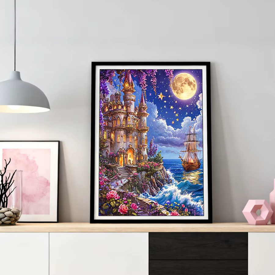 HUACAN 5D DIY Diamantmalerei Schloss-Landschaft und Küstenstadt als Diamant-Mosaik Set in Multicolour, B/T/H: 30,0 x 20,0 x 20,0 cm - Bild 2
