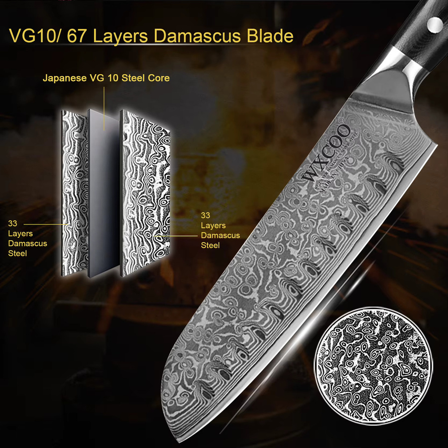 WXCOO Santoku Kochmesser aus Damaststahl mit VG10 Kern und Holzgriff in Silber - Bild 4