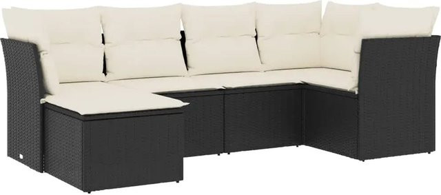 vidaXL 6-teilige Garten-Sofagarnitur in L-Form aus Polyrattan mit Kissen und Ottoman, Schwarz - Bild 1