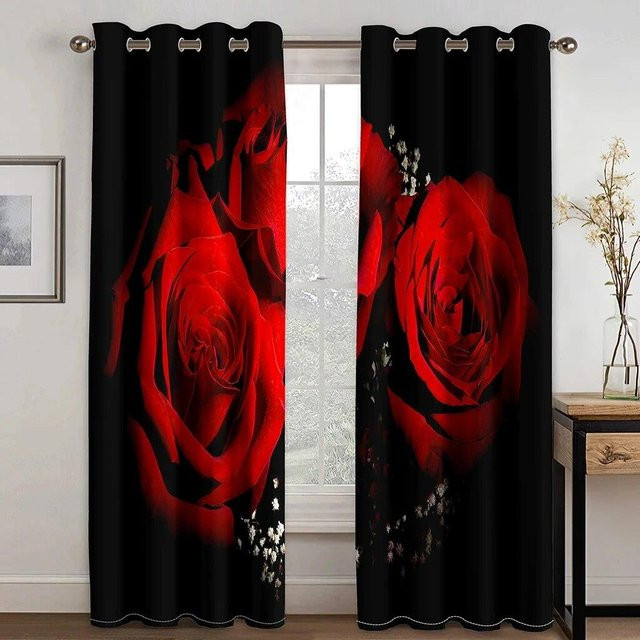 A Family Of Home Textiles Vorhang Set mit Schwan und Rosen Motiv in Rot und Schwarz, semi-transparent für Privatsphäre Schutz, Breite: 50 cm, Höhe: 130 cm, 2 Stück - Bild 1