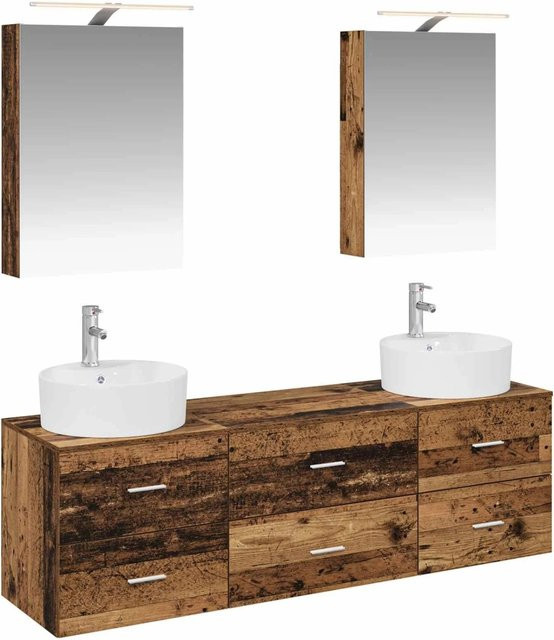 vidaXL Badezimmermöbel-Set 5-teilig aus Altholz und Glas in Braun mit LED-Beleuchtung und Spiegelschrank - Bild 1