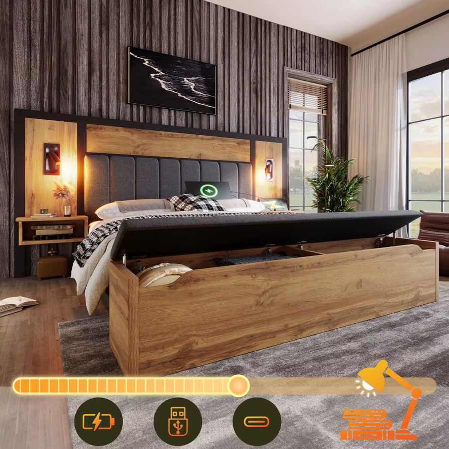 Gepolstertes Doppelbett in Braun mit LED-Beleuchtung, USB-C-Ladeport und Bettbank mit Stauraum, B/T: 180 x 200 cm - Bild 3