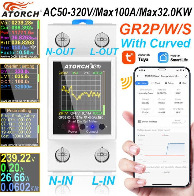 ATORCH Smart Stromzähler AC50-320V 100A mit Tuya WiFi, Digital Display Monitor für Spannung und Energie, Farbe: Weiß - Bild 1