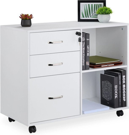 Relaxdays Rollcontainer in Weiß mit Schubladen und Ablagen, abschließbar, B/T/H: 80 x 40 x 66 cm