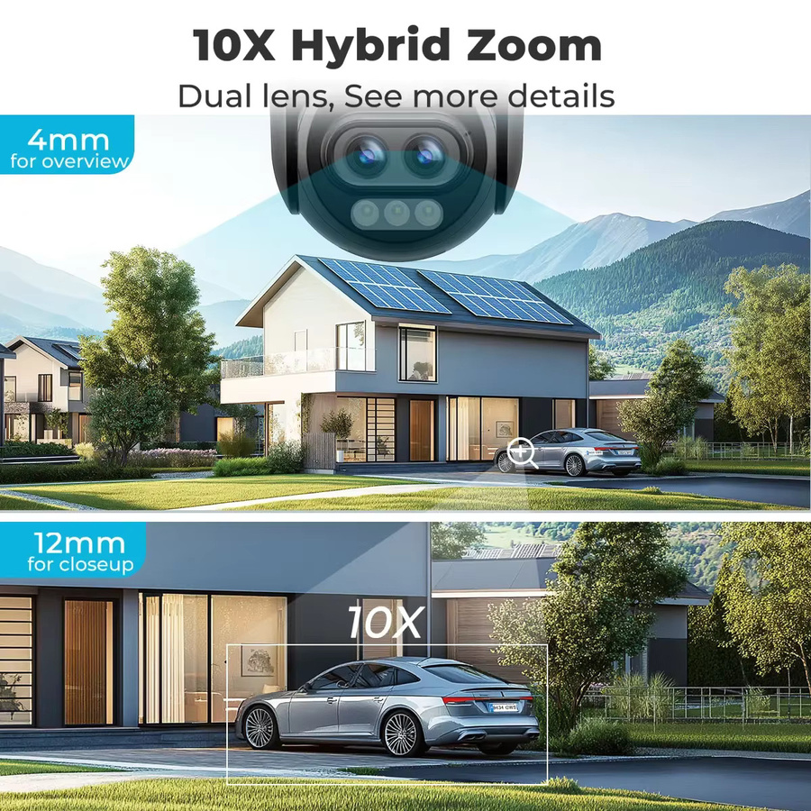 GENBOLT 4K 8MP Dual-Objektiv Außen-Sicherheitskamera mit 10-fach Zoom, PoE und WLAN 2,4/5GHz, automatische Menschen- und Fahrzeugverfolgung, Farbe: Weiß - Bild 2