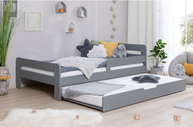 TiCAA Kinderbett Bennet aus Kiefer Massivholz mit Zusatzbett, Rausfallschutz und Lattenrost, Grau - Bild 1