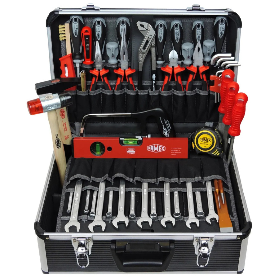 Famex Profi Werkzeugkoffer 440-93 aus Aluminium mit Werkzeugset inklusive Schraubendreher, Zangen, Wasserwaage und Hammer - Bild 2