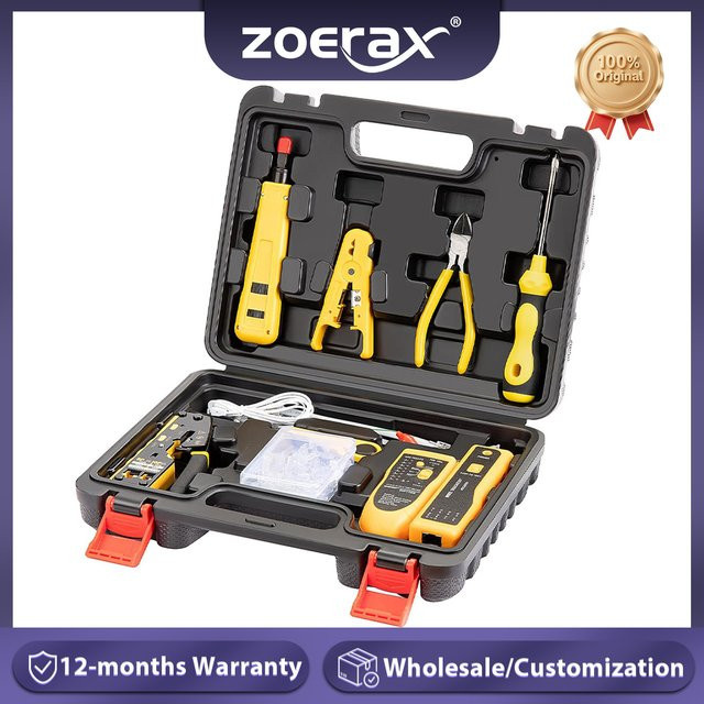 ZoeRax Netzwerk Werkzeugset in Gelb mit RJ45 Pass Through Crimp Tool, Kabeltester, LSA-Anlegewerkzeug, Abisolierer, Cutter und Cat6 Steckern - Bild 1