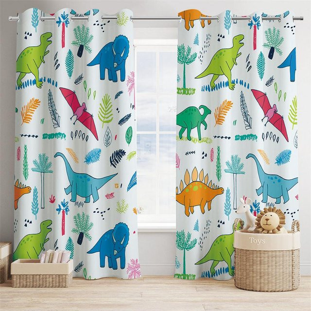 Niedliche Cartoon Dinosaurier Vorhänge für Kinderzimmer in Mehrfarbig, 2er Set mit Haken, B: 50 cm, H: 130 cm - Bild 1