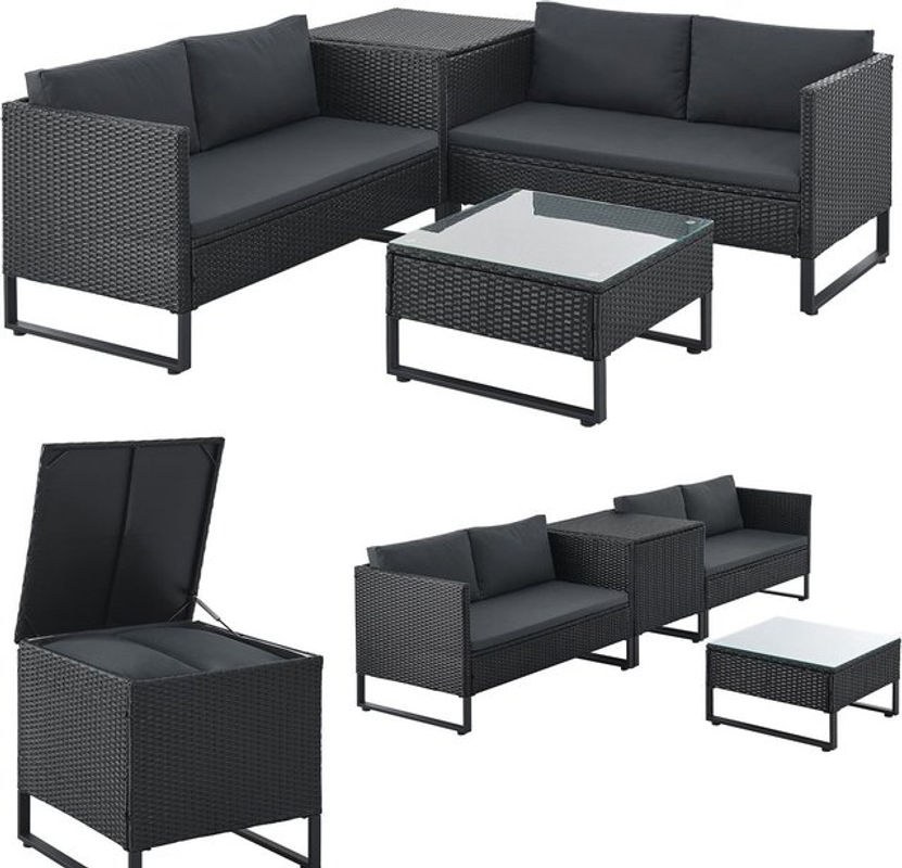Juskys Polyrattan Lounge Santorini Outdoor Sitzecke in L-Form mit Auflagenbox und Polsterkissen, Schwarz/Grau - Bild 4