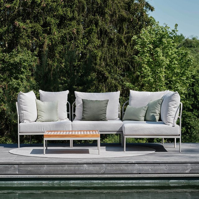 Stern Coco Loungeset 5-teilig in Greige mit 2 Coco Beistelltischen, modernes L-Shape Outdoor-Set aus pulverbeschichtetem Aluminium und Teak mit Polstern für Garten und Terrasse - Bild 1