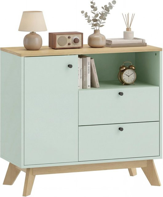LightBuying Sideboard Aufbewahrungsschrank in Hellgrün und Eiche mit 2 Schubladen und offenem Fach, B/T/H: 80 x 35 x 76,3 cm - Bild 1