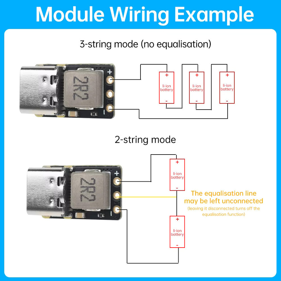 Gaqqee Mini Li-Ionen-Akku Schnelllademodul 18W 2S/3S DC 4,5-9,5V Typ-C Boost Step-Up-Stromversorgung mit intelligenter Spannungsanpassung in Schwarz - Bild 3