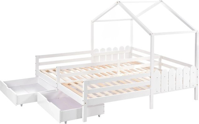 KOMHTOM Hausbett Kinderbett aus Kiefer mit 2 MDF-Schubladen auf Rollen und Lattenrost, Weiß, B/T/H: 200 x 90 x 158 cm - Bild 1