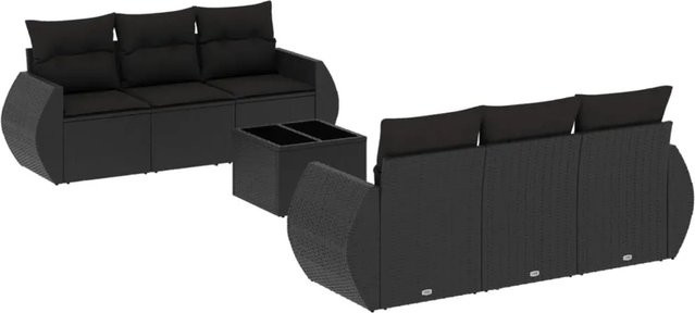 vidaXL 7-tlg Garten-Sofagarnitur in L-Form mit Kissen und Couchtisch, Schwarz, Poly Rattan und Metallgestell - Bild 1