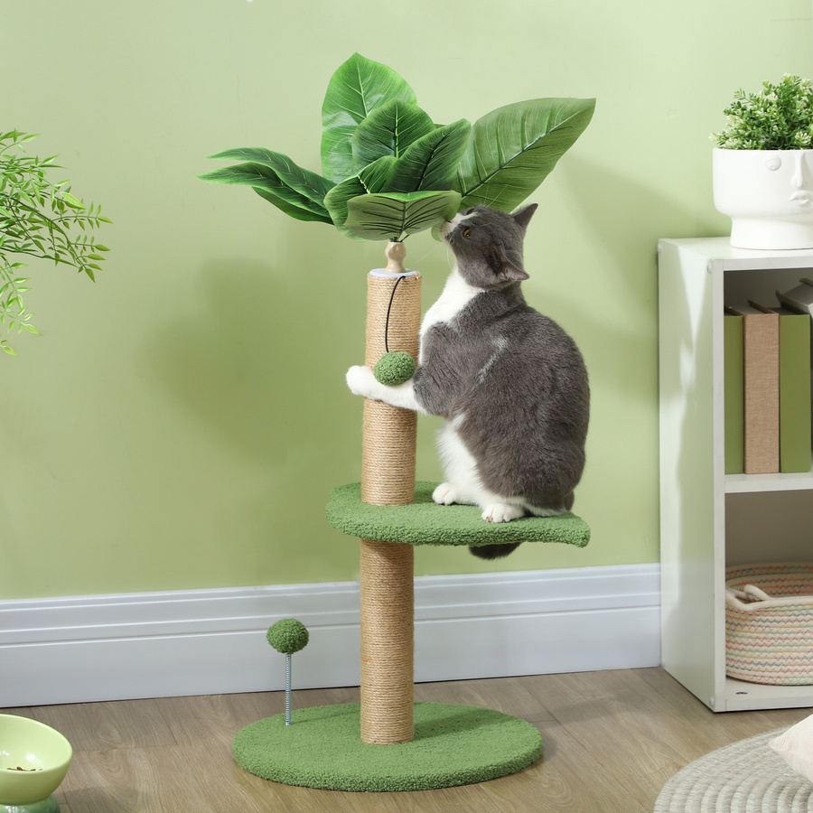 Aosom PawHut Katzenbaum in Grün mit Kratzbaumstamm, Plattformen und Spielbällen aus Plüsch und Spanplatte, Höhe: 83 cm, Durchmesser: 40 cm - Bild 2