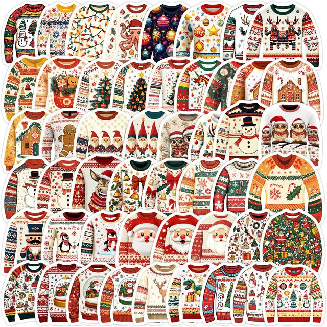 50 Stück Weihnachtspullover Muster Doodle Aufkleber in Multicolor für Schreibwaren, Boxen und Dekoration - Bild 1